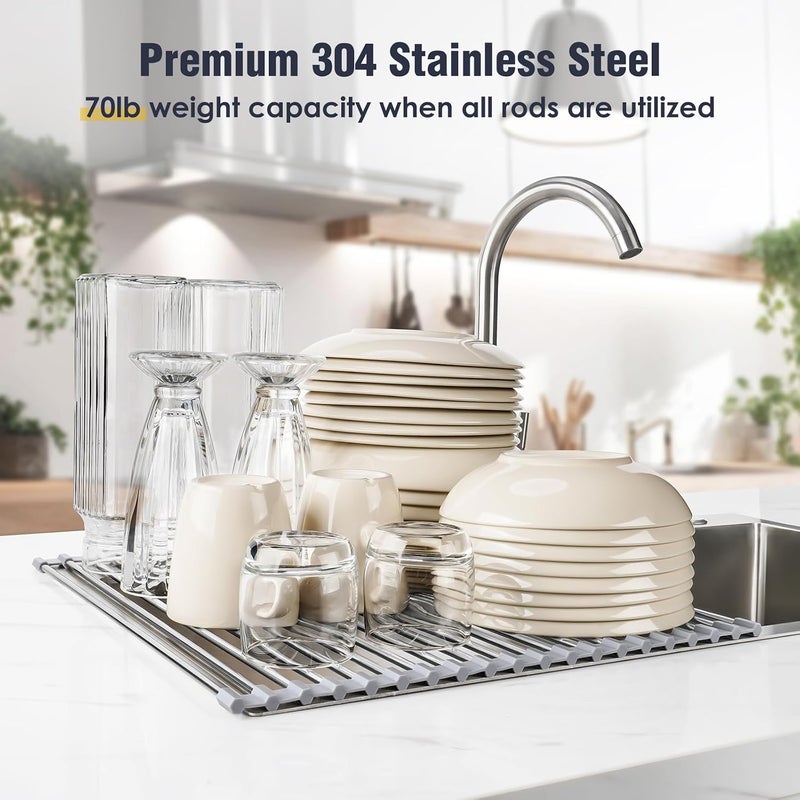 Tomorotec 17.7" x 15.5" Large Dish Drying Rack - Tomorotec Roll Up Stainless Steel Over Sink Kitchen Drainer Rack - Image 5