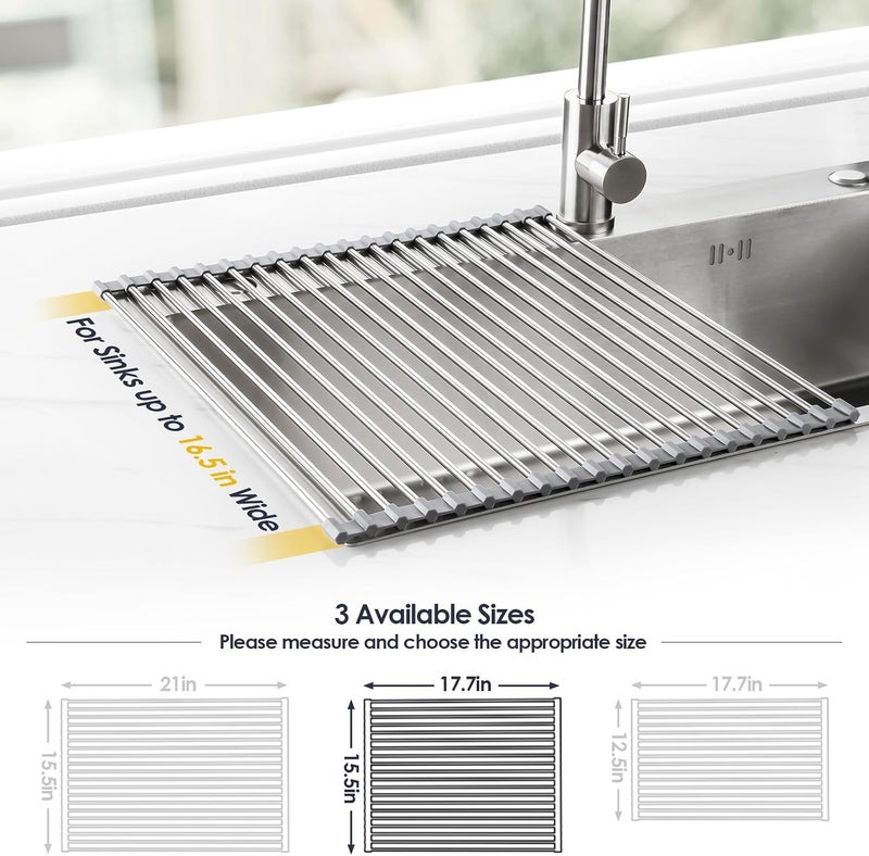 Tomorotec 17.7" x 15.5" Large Dish Drying Rack - Tomorotec Roll Up Stainless Steel Over Sink Kitchen Drainer Rack - Image 2