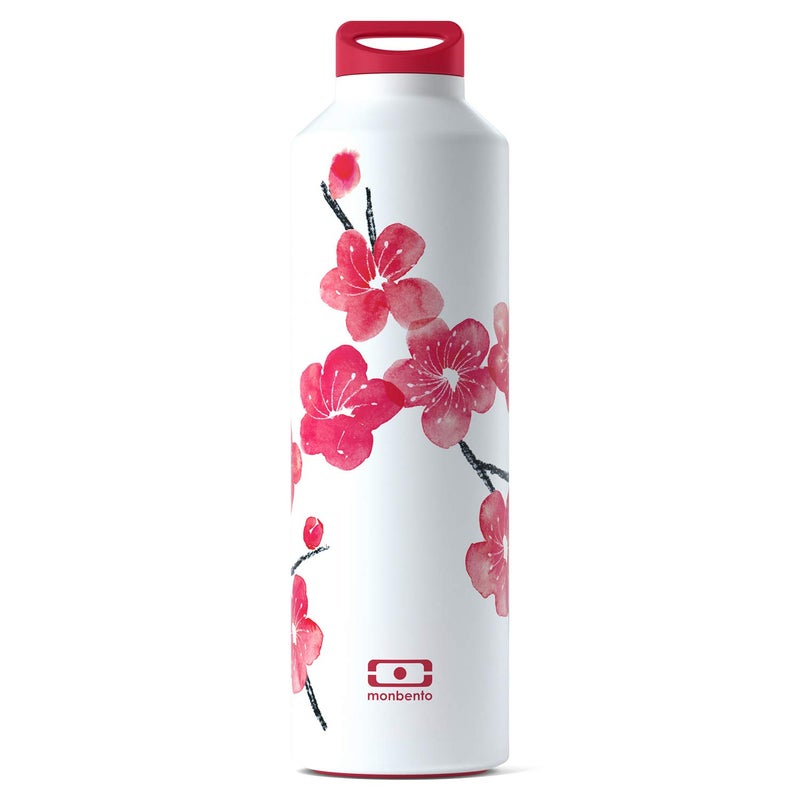 MONBENTO - Insulated Water Bottle MB Steel Blossom 17 Oz - Stainless Steel - Leakproof - Infuser - Hot/Cold for Up to 12 Hours - Tea, Coffee - BPA Free - Food Grade Safe - Japanese Flowers - White Red - Image 1