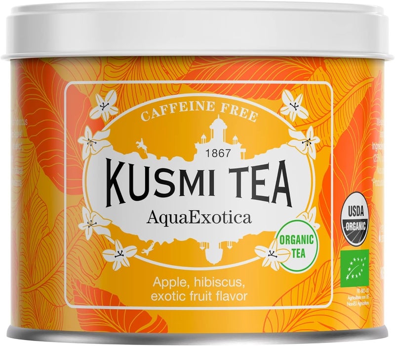 KUSMI TEA شاي كوسمي أكوا إكزوتيكا العضوي - مزيج الكركديه والتفاح مع نكهات الفواكه الغريبة - علبة معدنية 100 جرام للشاي الساخن أو المثلج - Image 1