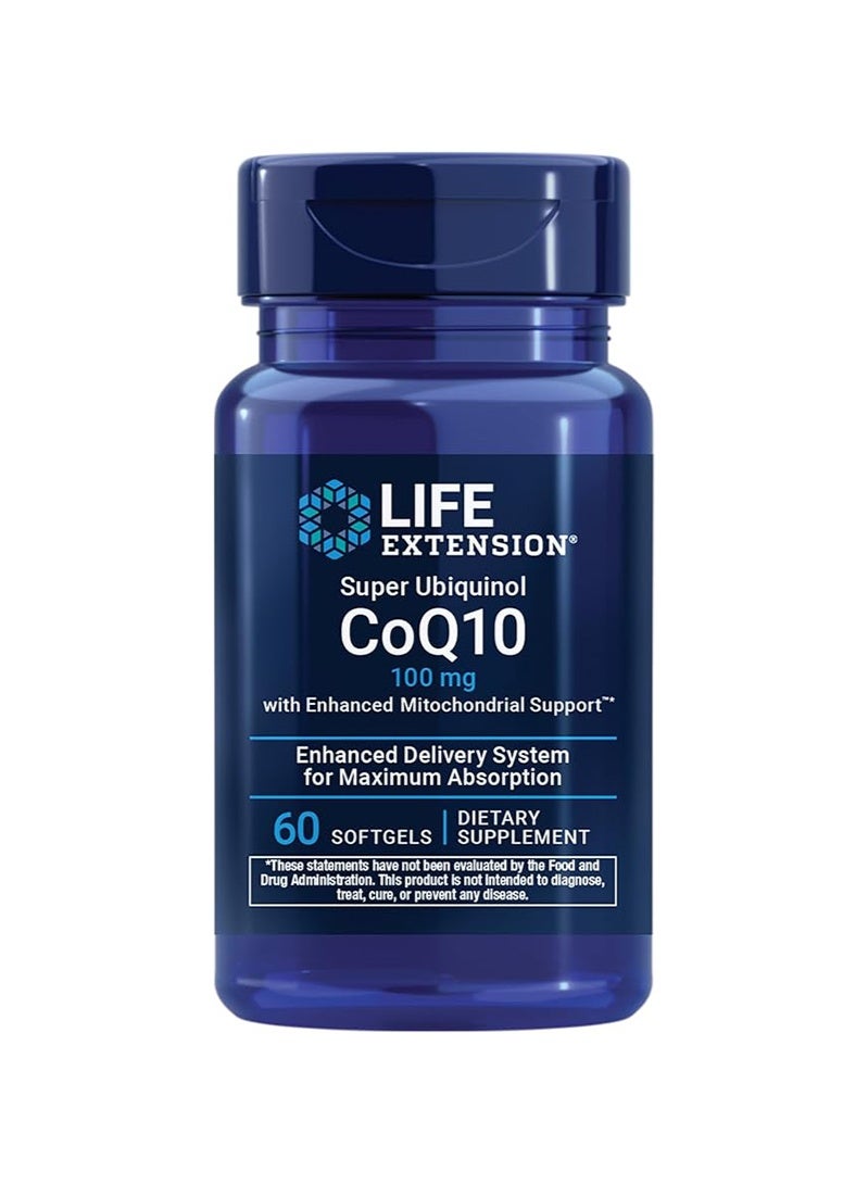 Life Extension Super Ubiquinol CoQ10 with Enhanced Mitochondrial Support, Potent Heart Health & Cellular Energy Production Support, Ultra-absorbable, Gluten-Free, Non-GMO, 100 mg, 60 softgels - Image 1