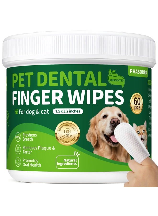 PHASORRA Dog Dental Care Wipes - Cat & Dog Tooth Brushing kit, Teeth Cleaning Wipes for Dogs & Cats, Dog Toothbrush Finger Dental Wipes Gum Care & Remove Stain - 60 Count - Image 1