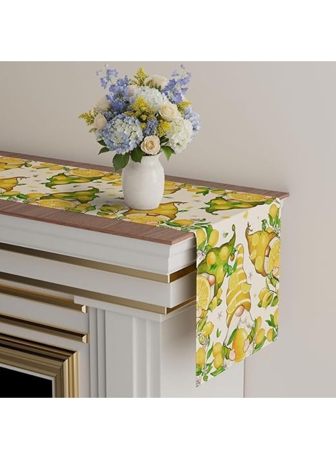 Lemon Gnome Table Runner, Summer Watercolor Lemon Kitchen Dining Table Runner with Floral Print - Image 3