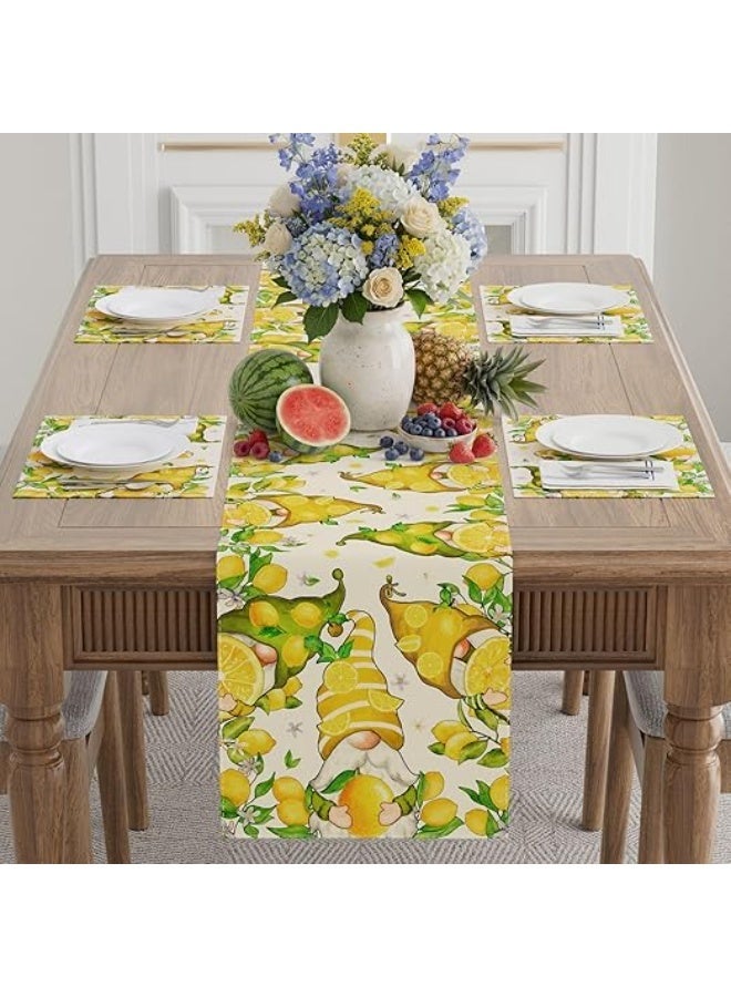 Lemon Gnome Table Runner, Summer Watercolor Lemon Kitchen Dining Table Runner with Floral Print - Image 2