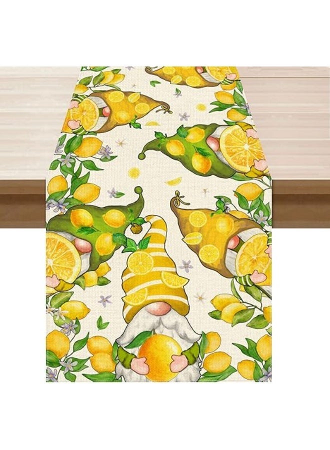 Lemon Gnome Table Runner, Summer Watercolor Lemon Kitchen Dining Table Runner with Floral Print - Image 1