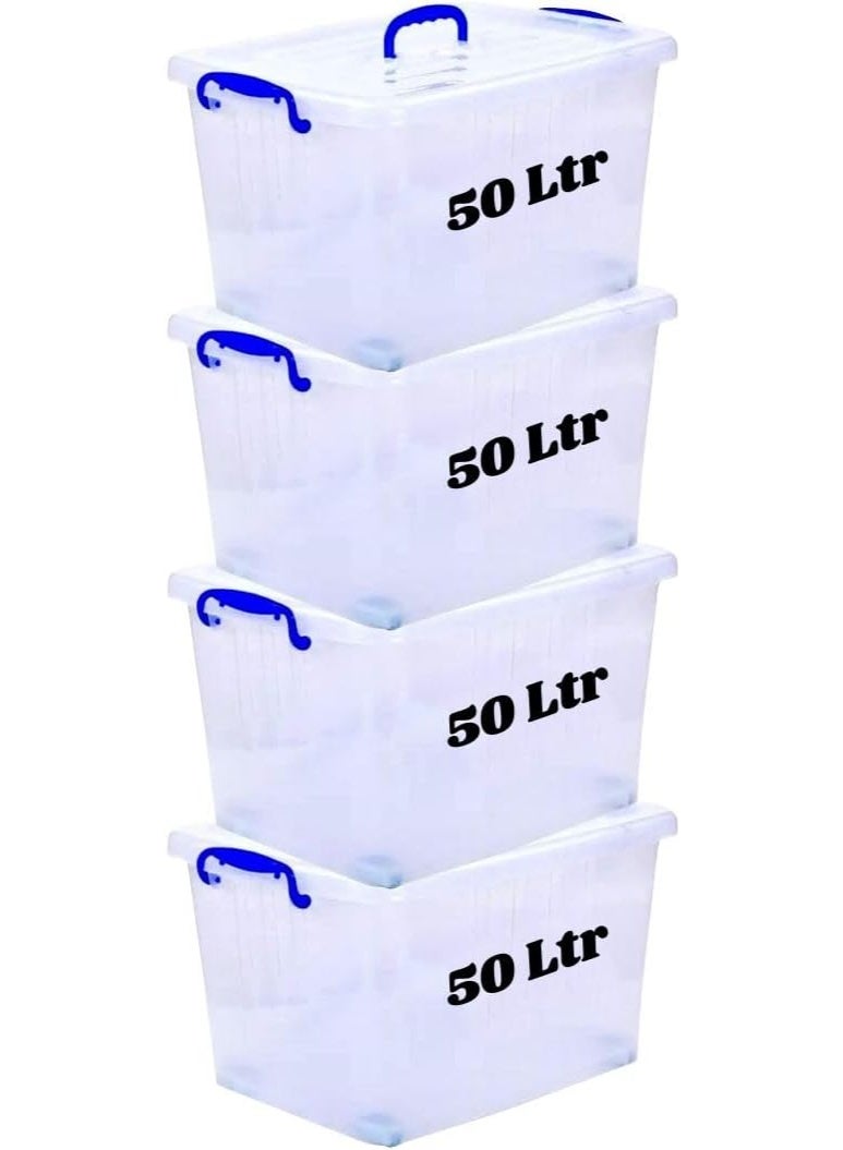 هيواري مجموعة صناديق تخزين بلاستيكية شفافة من هيوار سعة 50 لترًا، 4 قطع، بأغطية قابلة للقفل | حاويات تنظيم شفافة للملابس والألعاب والأدوات والفنون والحرف اليدوية | حل تخزين قابل للتكديس بمقابض (4 × 50 لترًا) - Image 1