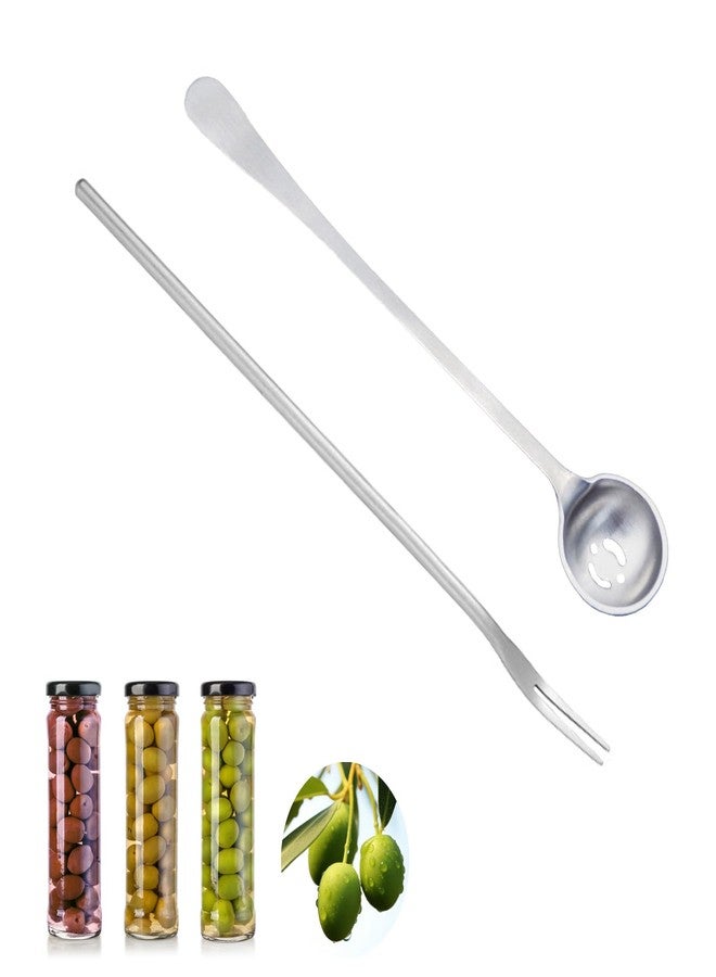 Asanta 2 PCS Olive Spoon and Pickle Fork, 7.5 Inch Olive Spoons with Holes, 8.6 Inch Pickle Forks for the Jar, Stainless Steel Long Handle Food Picker for Pickle, Asanta Jars Serving Spoon and Fork Set - Image 1