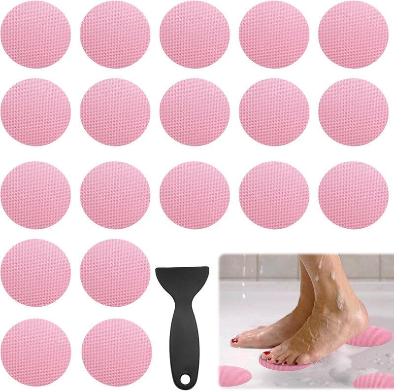 Coufce 24 PCS Bathtub Non Slip Stickers Pink Adhesive Decals Round Shape Anti Slip Shower Stickers Bath Non Slip Stickers for Floor Bathroom Stairs Ladders with Scraper - Image 1