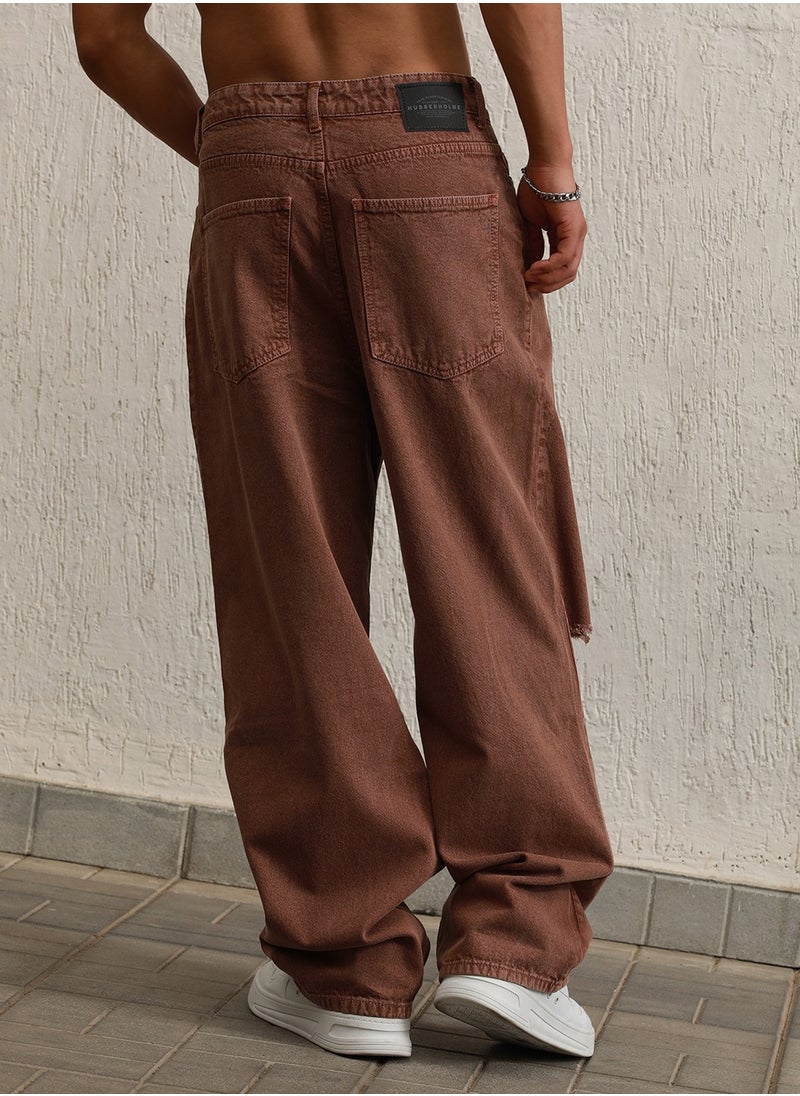 Hubberholme Baggy Brown Heavy Distressed Jeans for Men, 90's Style  - Image 3