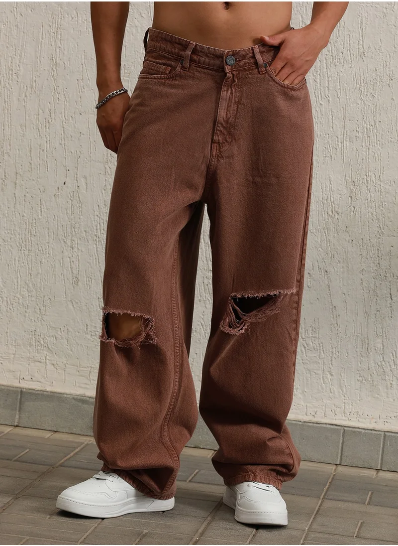 هوبرهولمي Baggy Brown Heavy Distressed Jeans for Men, 90's Style