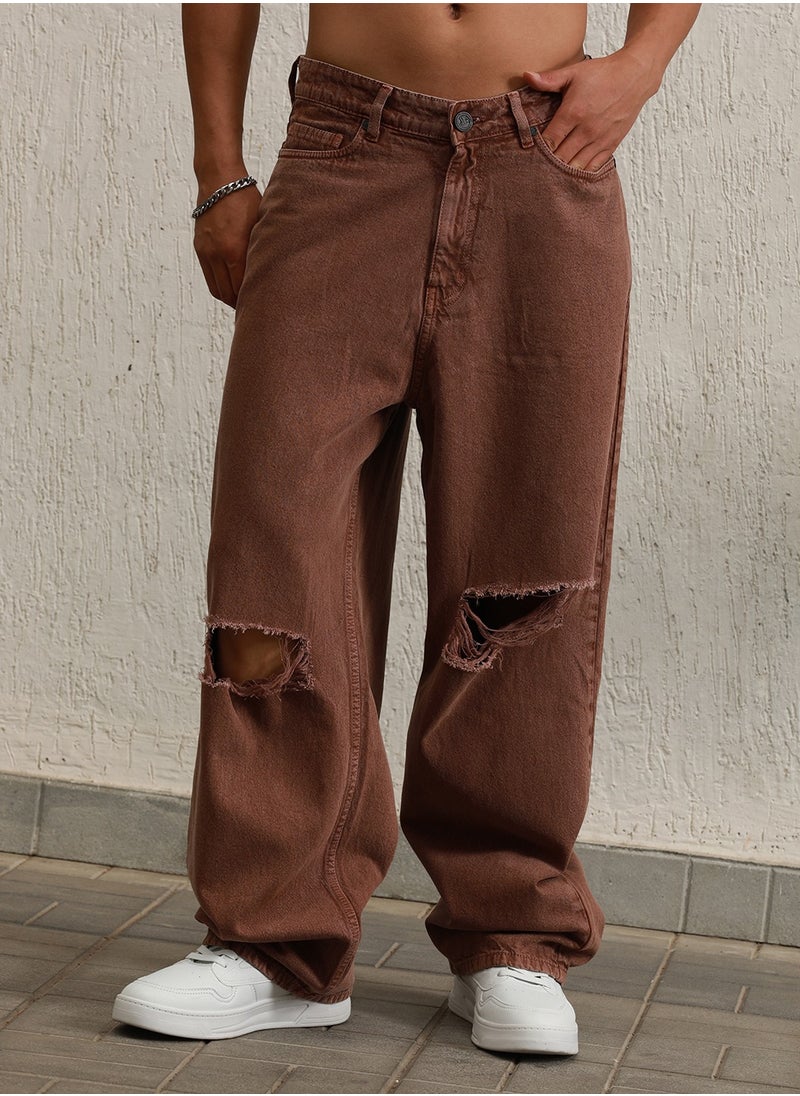 Hubberholme Baggy Brown Heavy Distressed Jeans for Men, 90's Style  - Image 1