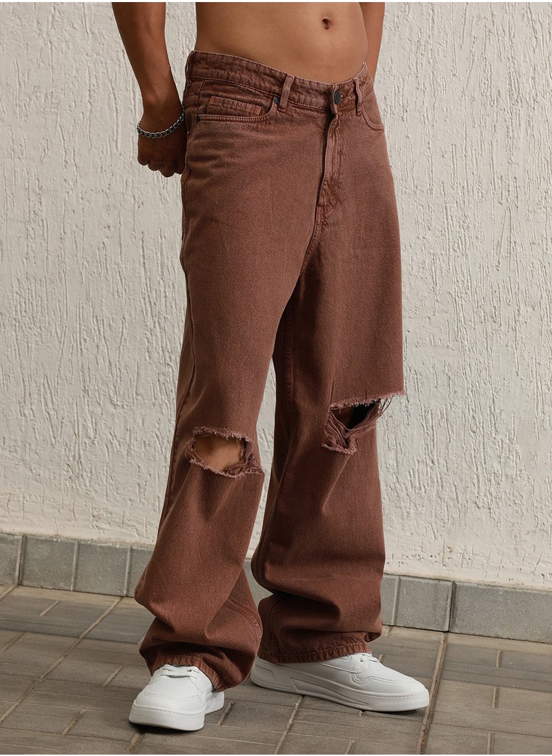 Hubberholme Baggy Brown Heavy Distressed Jeans for Men, 90's Style  - Image 2