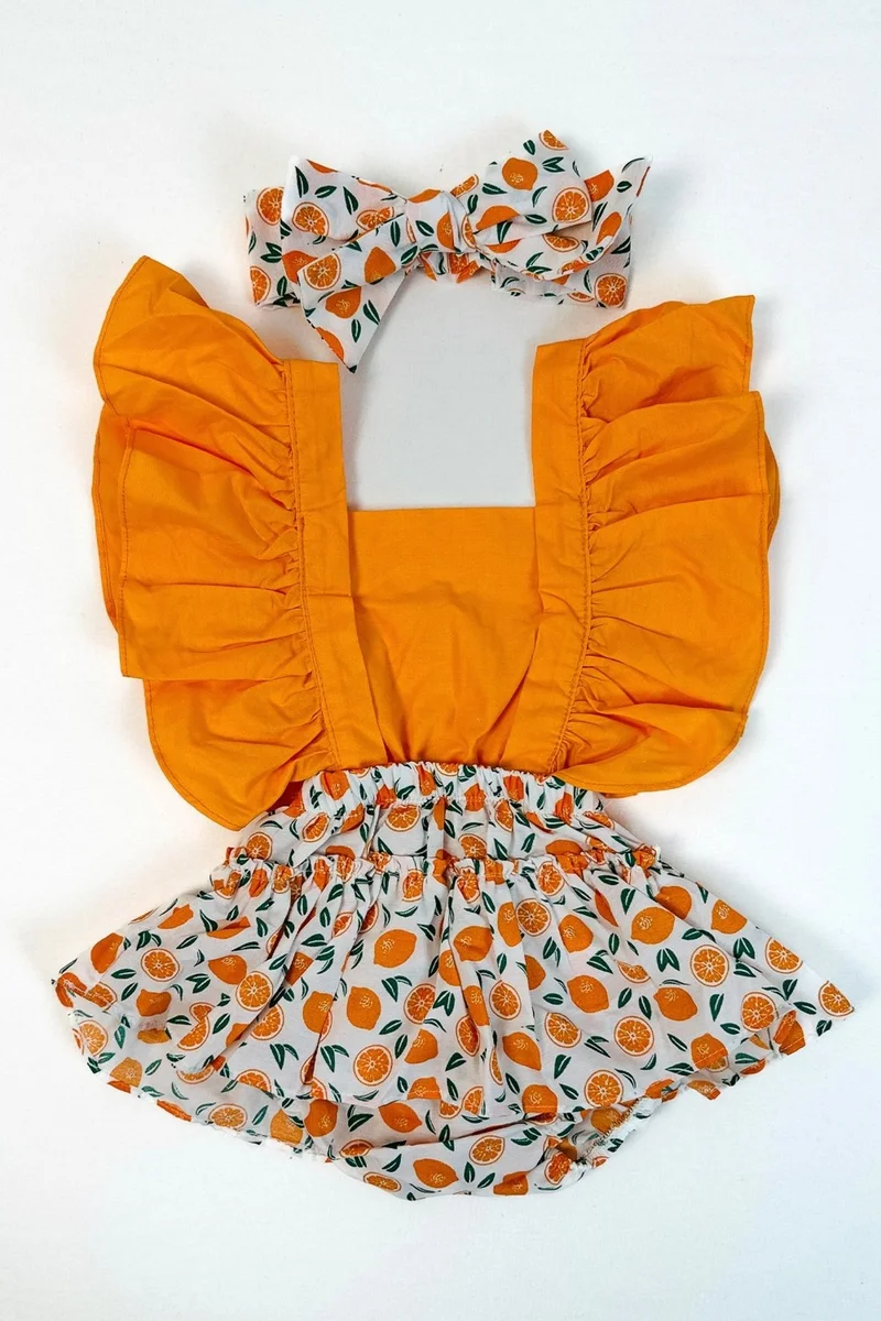 Ada Bebek Çocuk Ada Baby Kids Girls Frilly Tangerine Patterned Knee Socks Set Bandana Socks Set