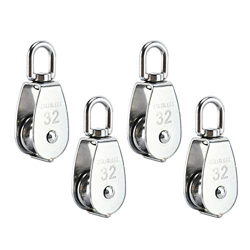 CREATIEE-PRO 4Pcs M32 Single Pulley Block, Creatiee-Pro Heavy Duty 304 Stainless Steel Pulley Roller Crane Swivel Hook, Wheel Swivel Rigging Lifting Wheel Fixed Pulley for Wire Rope Loading 250kg - Image 1