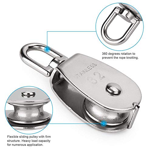 CREATIEE-PRO 4Pcs M32 Single Pulley Block, Creatiee-Pro Heavy Duty 304 Stainless Steel Pulley Roller Crane Swivel Hook, Wheel Swivel Rigging Lifting Wheel Fixed Pulley for Wire Rope Loading 250kg - Image 2