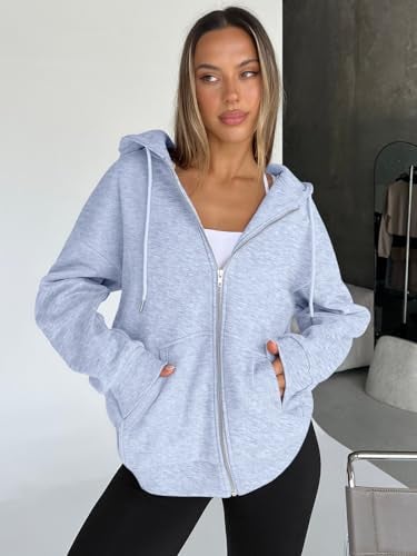 Trendy Queen Womens Zip Up Hoodies Oversized Sweatshirts Fall School Fashion Outfits Casual Jackets 2025 Winter Clothes Grey M - Image 3