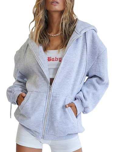 Trendy Queen Womens Zip Up Hoodies Oversized Sweatshirts Fall School Fashion Outfits Casual Jackets 2025 Winter Clothes Grey M - Image 1