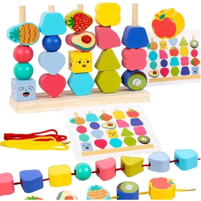 MONTESSORI WOODEN TOYS FOR TODDLERS AGE 2-4, FINE MOTOR SKILLS DEVELOPMENT EDUCATIONAL THREADING AND STACKING TOYS FOR BOYS & GIRLS, EARLY LEARNING GIFTS FOR PRESCHOOL CHILDREN - Image 1