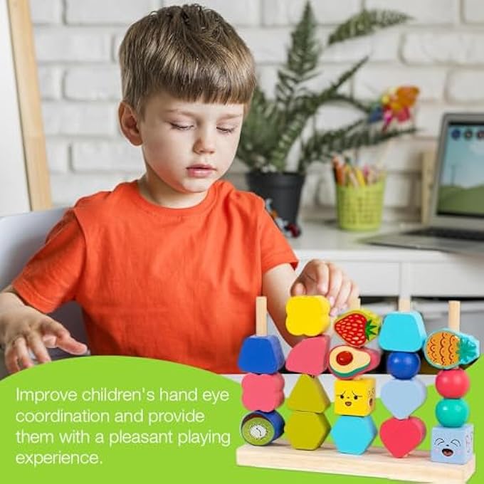 MONTESSORI WOODEN TOYS FOR TODDLERS AGE 2-4, FINE MOTOR SKILLS DEVELOPMENT EDUCATIONAL THREADING AND STACKING TOYS FOR BOYS & GIRLS, EARLY LEARNING GIFTS FOR PRESCHOOL CHILDREN - Image 4