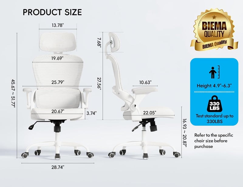TRALT Office Chair - Ergonomic Office Chair with Back Support, Computer Chair - Home Office Desk Chairs, 330lbs Wide Seat Big and Tall Office Chairs with Headrest, Comfy Desk Chairs (White) - Image 2