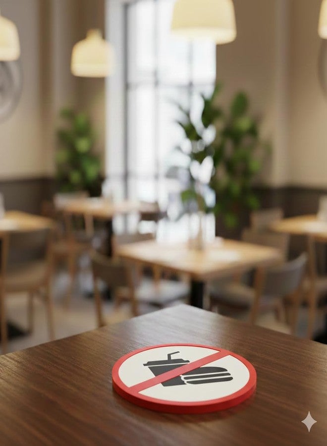 لوحة إعلانية مميزة من بيري بوكس: ممنوع إدخال الطعام من الخارج | لافتة أكريليك حمراء وبيضاء مقاس 5.8 بوصة | لوحة سياسة طعام احترافية ذاتية اللصق للمقاهي والفنادق والمطاعم والمكاتب والمتاجر التجارية - Image 3