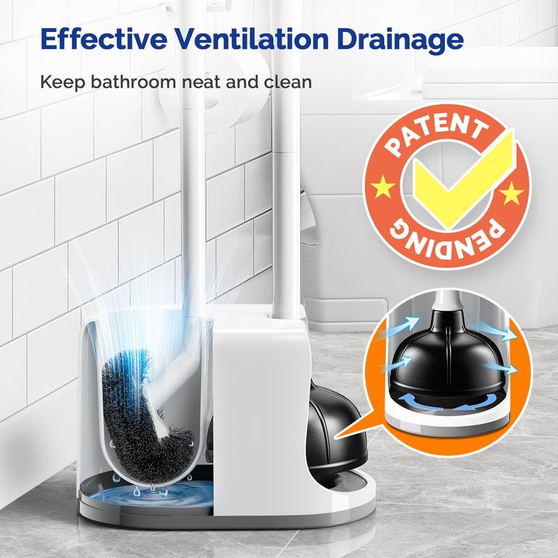 HAMITOR Toilet Plunger Bowl Brush Comboï¼šHeavy Duty Rubber for Drain Clog Remover - Curved Design Bristles for Deep Cleaning Under Rim - Compact Bathroom Cleaning Tools for New Homet Essentials - White - Image 5