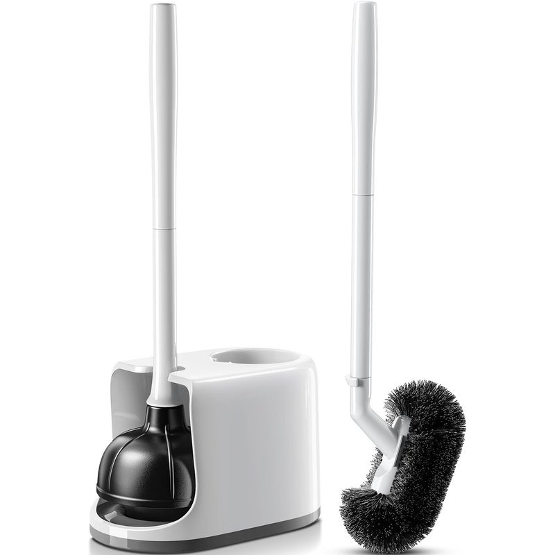 HAMITOR Toilet Plunger Bowl Brush Comboï¼šHeavy Duty Rubber for Drain Clog Remover - Curved Design Bristles for Deep Cleaning Under Rim - Compact Bathroom Cleaning Tools for New Homet Essentials - White - Image 1