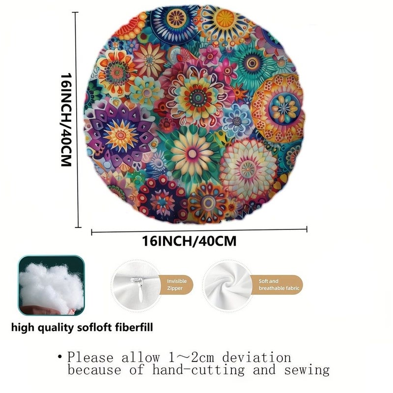 1pc Bohemian Mandala Round Pillow Insert Psychedelic Floral Double Sided Soft Microfiber Cover Two Sided 16x16 Inch Colorful Decorative Accent For Sofa Bed Living Room Machine Washable 2d Flat - Image 3