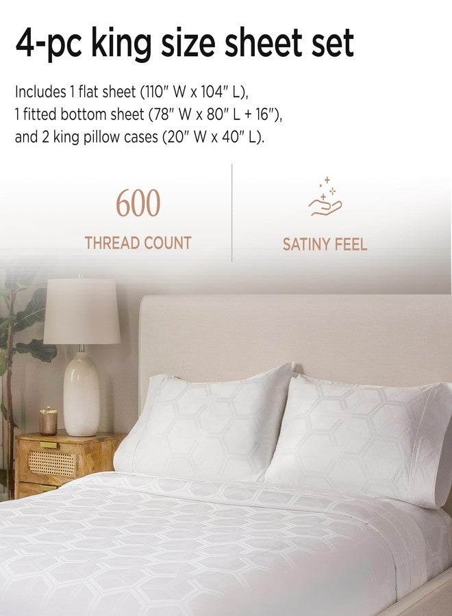 Threadmill 100% Cotton Sheets for King Size Bed - 600 Thread Count King Bed Sheets Set with 16” Deep Pocket - Jacquard Sateen Weave 4-Piece Bedding Set with Cooling Effect, White - Image 2