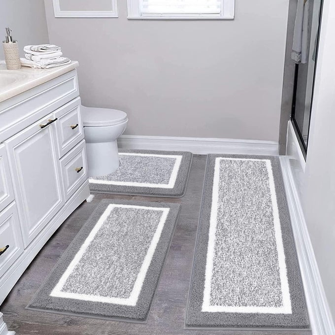 BATHROOM RUG MAT SET 3 PIECE MICROFIBER SHAGGY BATH SET NONSLIP ULTRA SOFT CARPET MATS ABSORBENT WITH USHAPED TOILET FOR BATHROOM TUB SHOWER LIGHT GREY
