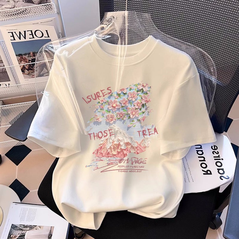 Cotton Short-Sleeved T-Shirt Women'S Summer Arrival Loose Round Neck All-Match Printed Shoulder Half-Sleeved T-Shirt Top Ins - Image 1