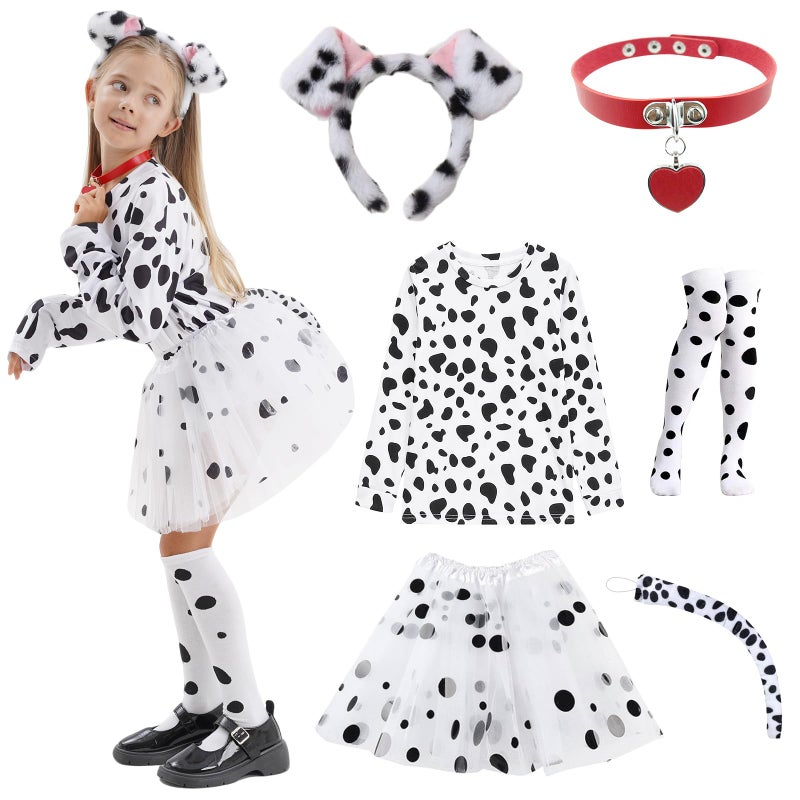 COSPELEY 101 Dalmatian Costume for Kids, Girls Shirt Outfit Ears Headband Socks Accessories for 101st Day Of School (Small) - Image 1
