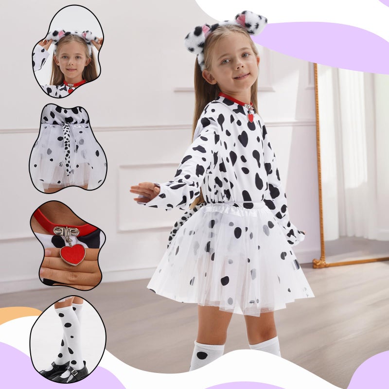 COSPELEY 101 Dalmatian Costume for Kids, Girls Shirt Outfit Ears Headband Socks Accessories for 101st Day Of School (Small) - Image 3