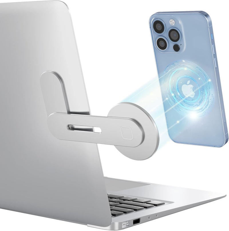 GadgetBite Magnetic Laptop Mobile Holder for Home Office Outdoor Compatible with Magsafe MacBook Mobile Stand for iPhone 16 15 14 13 12 Series (Silver) - Image 1
