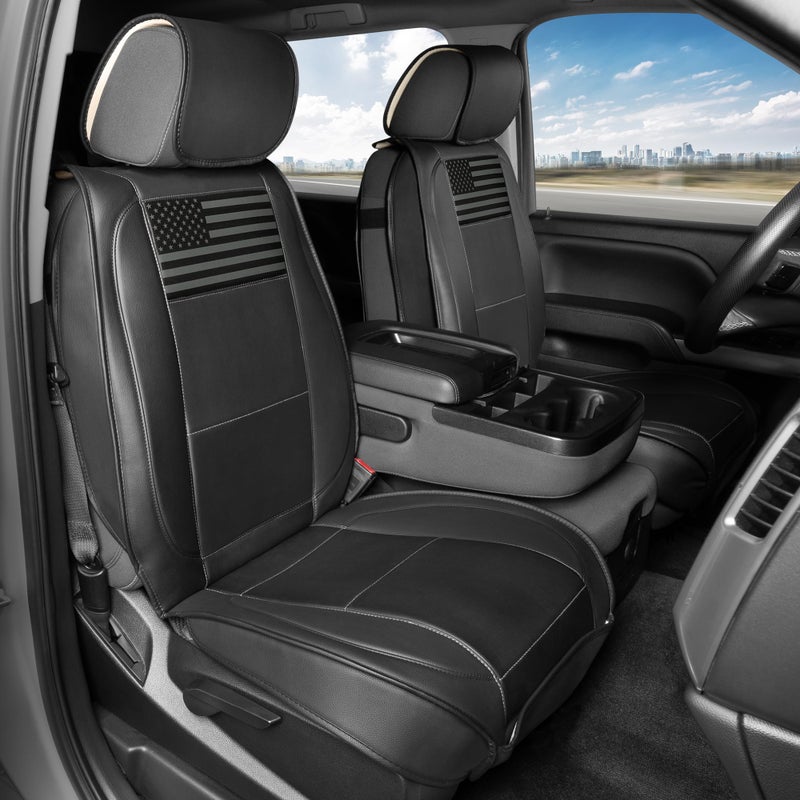 MotorBox Flag Car/Truck Seat Covers Full Set â€“ USA Patriotic American Flag Edition Faux Leather Seat Covers, Black & Gray Design, Includes Front & Rear Cover with Back Protector for Cars/SUVs/Trucks - Image 4