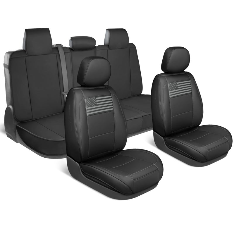 MotorBox Flag Car/Truck Seat Covers Full Set â€“ USA Patriotic American Flag Edition Faux Leather Seat Covers, Black & Gray Design, Includes Front & Rear Cover with Back Protector for Cars/SUVs/Trucks - Image 1