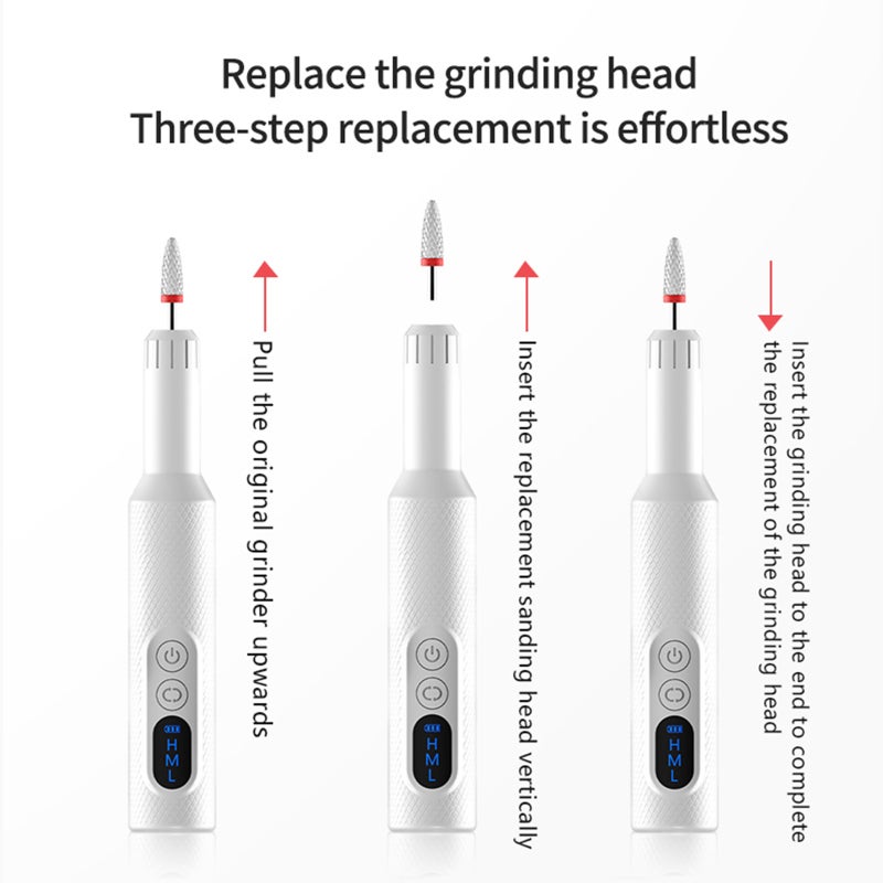Electric Nail Drill Set: Cordless Rechargeable Upgraded Battery Stable Motor Portable Compact White 3-Speed Forward Reverse Switch - 1pc Ceramic Drill 5 Bits for Home Salon School - Image 2