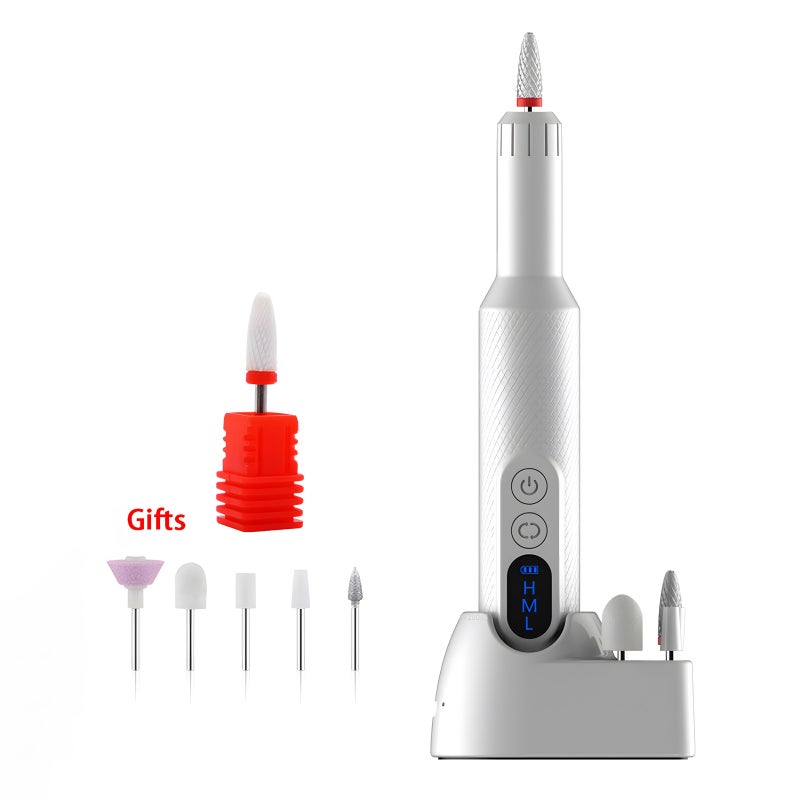 Electric Nail Drill Set: Cordless Rechargeable Upgraded Battery Stable Motor Portable Compact White 3-Speed Forward Reverse Switch - 1pc Ceramic Drill 5 Bits for Home Salon School - Image 1