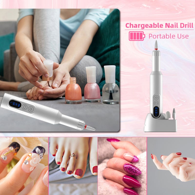 Electric Nail Drill Set: Cordless Rechargeable Upgraded Battery Stable Motor Portable Compact White 3-Speed Forward Reverse Switch - 1pc Ceramic Drill 5 Bits for Home Salon School - Image 4