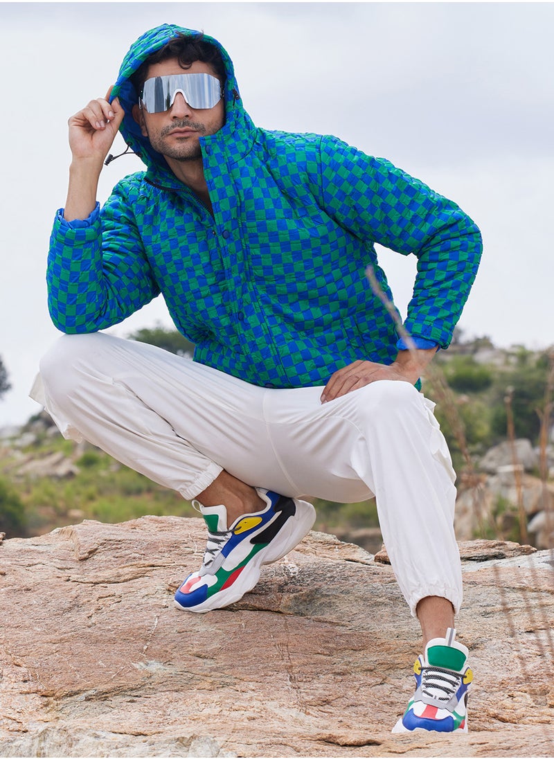 كامبوس سوترا - Men's Royal Blue & Shamrock Green Micro Buffalo Check Puffer Jacket - Image 1