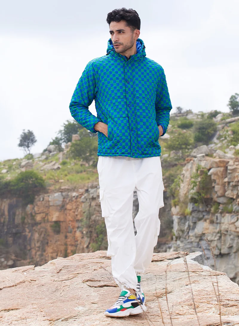 كامبوس سوترا Men's Royal Blue & Shamrock Green Micro Buffalo Check Puffer Jacket