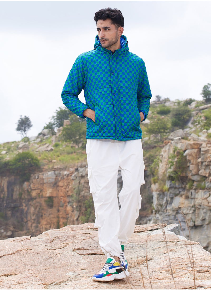 كامبوس سوترا - Men's Royal Blue & Shamrock Green Micro Buffalo Check Puffer Jacket - Image 1