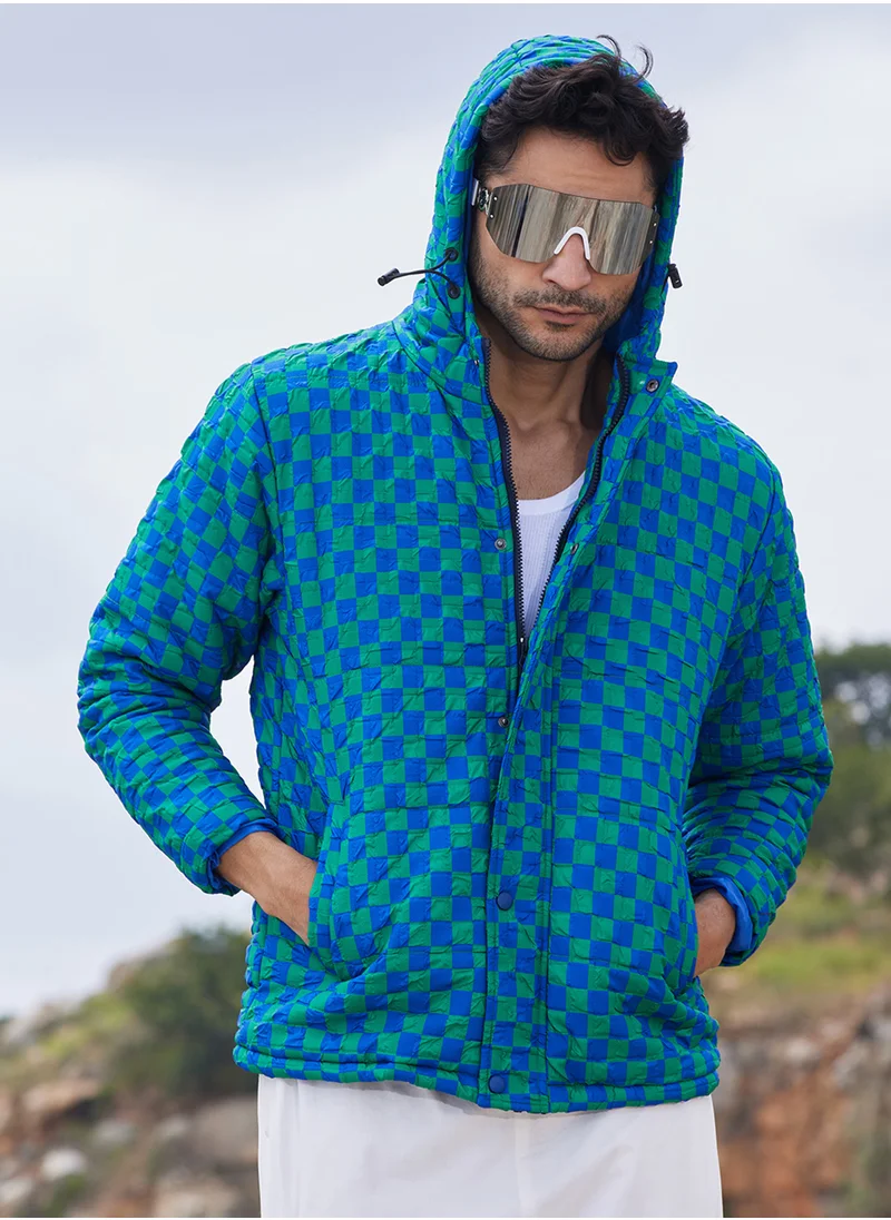 Campus Sutra Men's Royal Blue & Shamrock Green Micro Buffalo Check Puffer Jacket