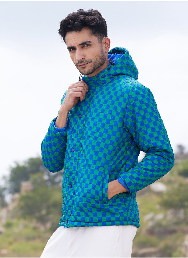 كامبوس سوترا Men's Royal Blue & Shamrock Green Micro Buffalo Check Puffer Jacket  - Image 3