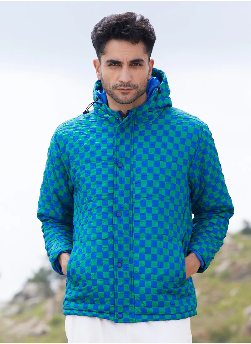 Campus Sutra Men's Royal Blue & Shamrock Green Micro Buffalo Check Puffer Jacket