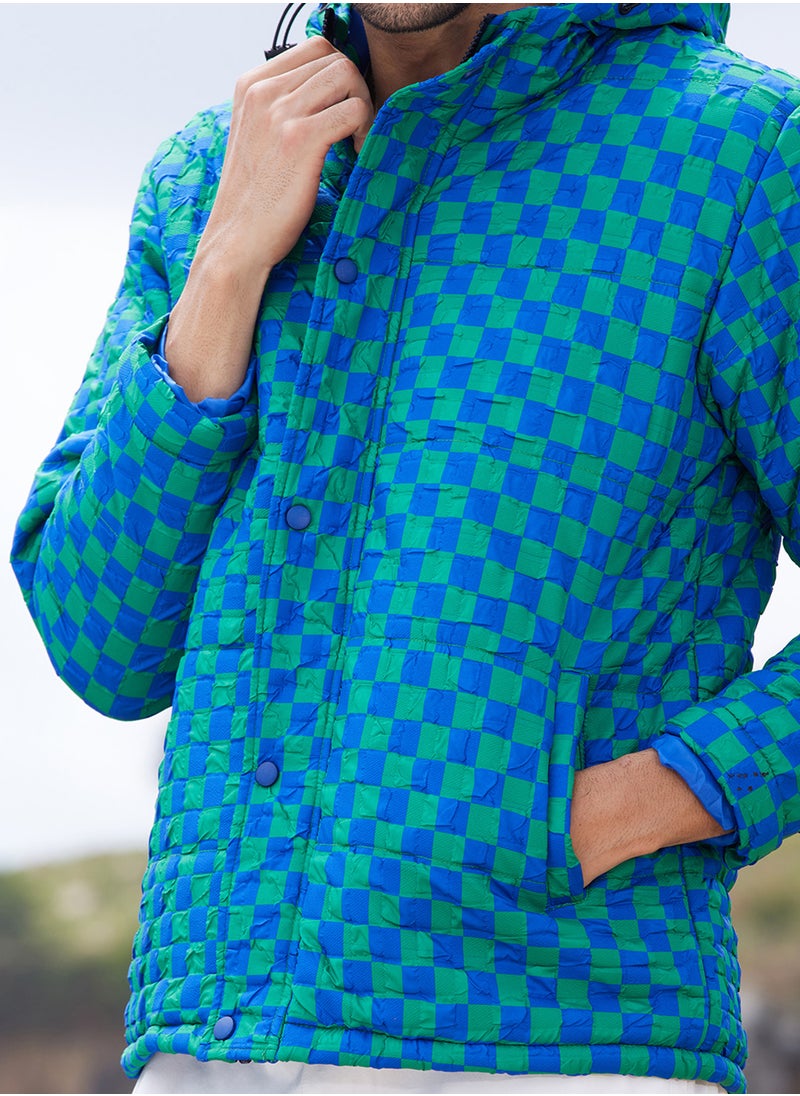 كامبوس سوترا - Men's Royal Blue & Shamrock Green Micro Buffalo Check Puffer Jacket - Image 1