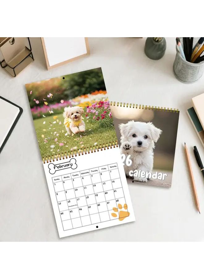 2026 تقويم مكتبي ملون برسومات كلاب لطيف مجلد بشكل حلزوني مخطط شهري ويومي 1 قطعة - Image 1