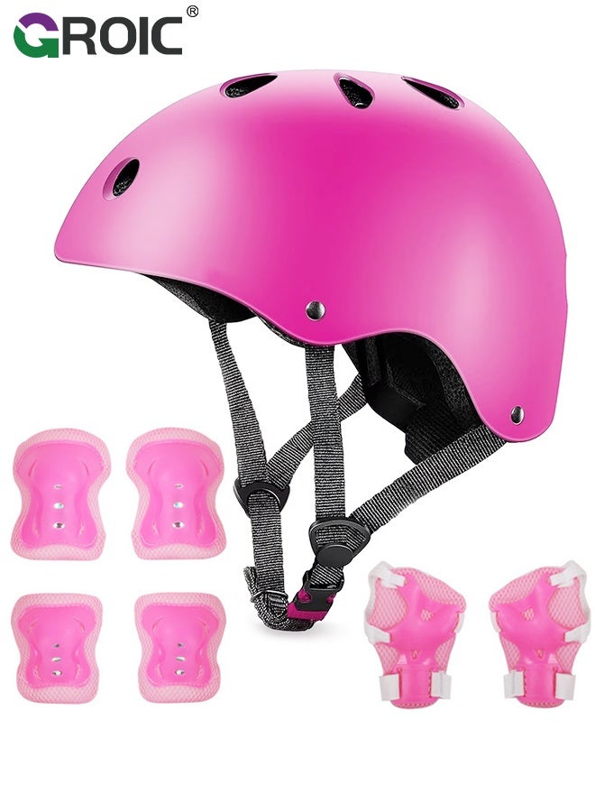 GROIC Kids Protective Gear Adjustable Protective Helmet,Kids Helmet Knee Elbow Pads Wrist Guard Sport Protective Gear Adjustable Scooter Skateboard Roller Bike Skate Cycling Safety Set(Pink) - Image 1