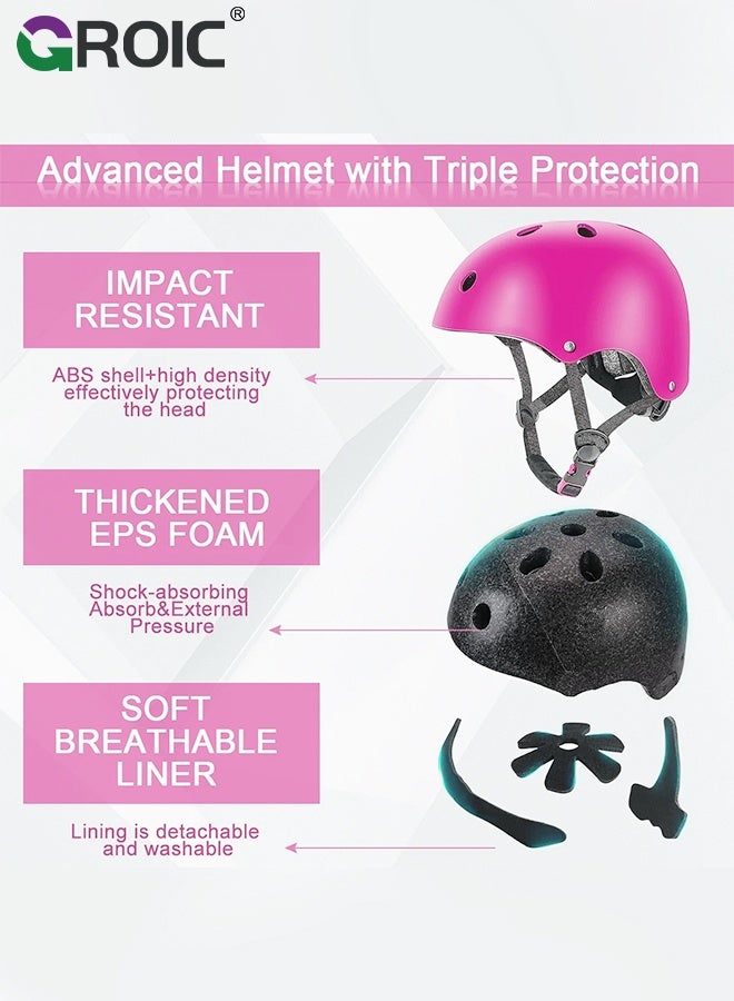 GROIC Kids Protective Gear Adjustable Protective Helmet,Kids Helmet Knee Elbow Pads Wrist Guard Sport Protective Gear Adjustable Scooter Skateboard Roller Bike Skate Cycling Safety Set(Pink) - Image 5