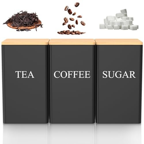RVEFOT 3 Pcs Coffee Tea Sugar Container Set 1000 ML Metal Teas and Coffee Canisters Set with Bamboo Lids Black Canisters Sets for KitchenFood Storage Container Jars for Kitchen Counter Storage Black - Image 1